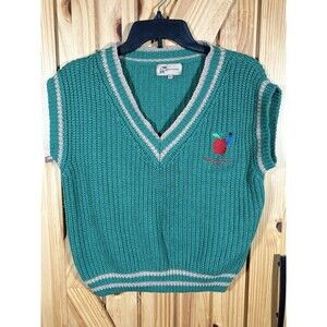 Weekend House Kids Knit V-Neck Sweater Vest Green Embroidered Apple Size 9/10